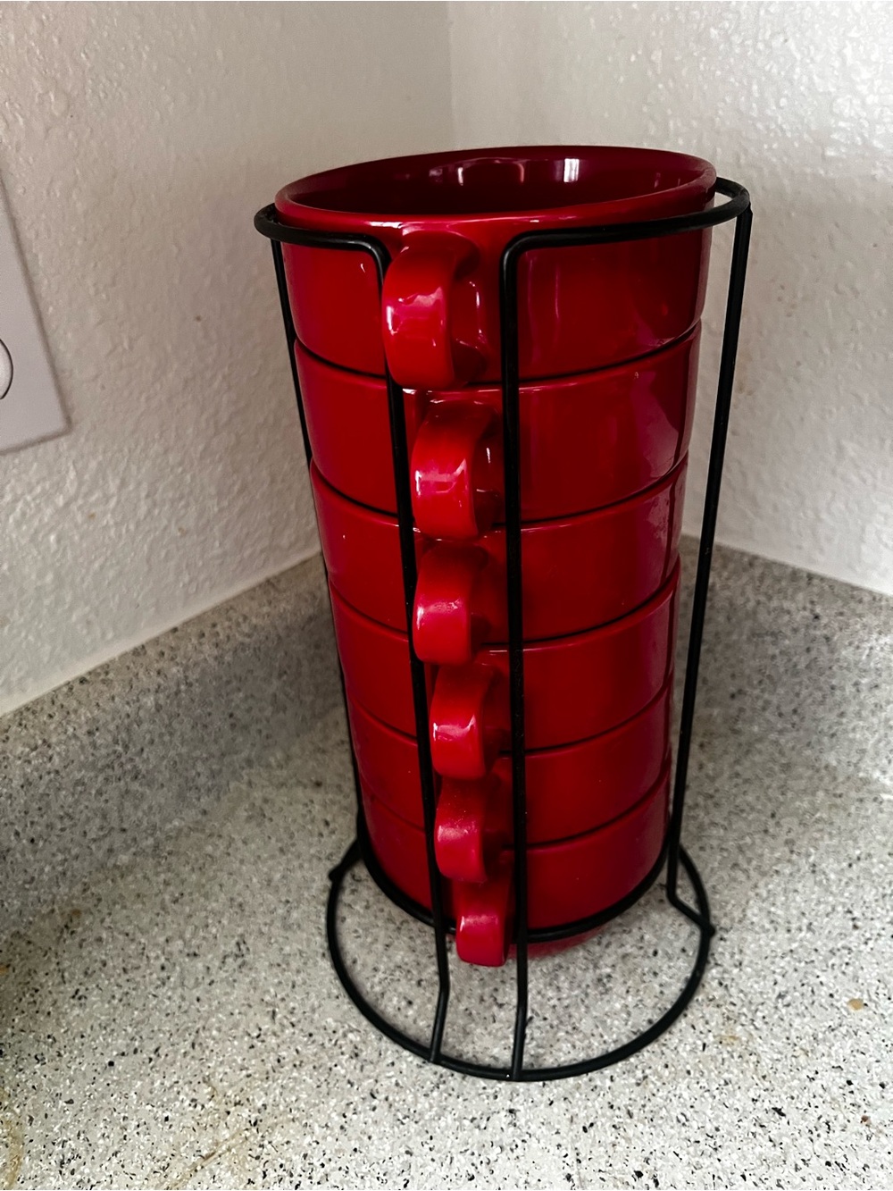Red Stackable Ceramic Mug Set with Black Rack